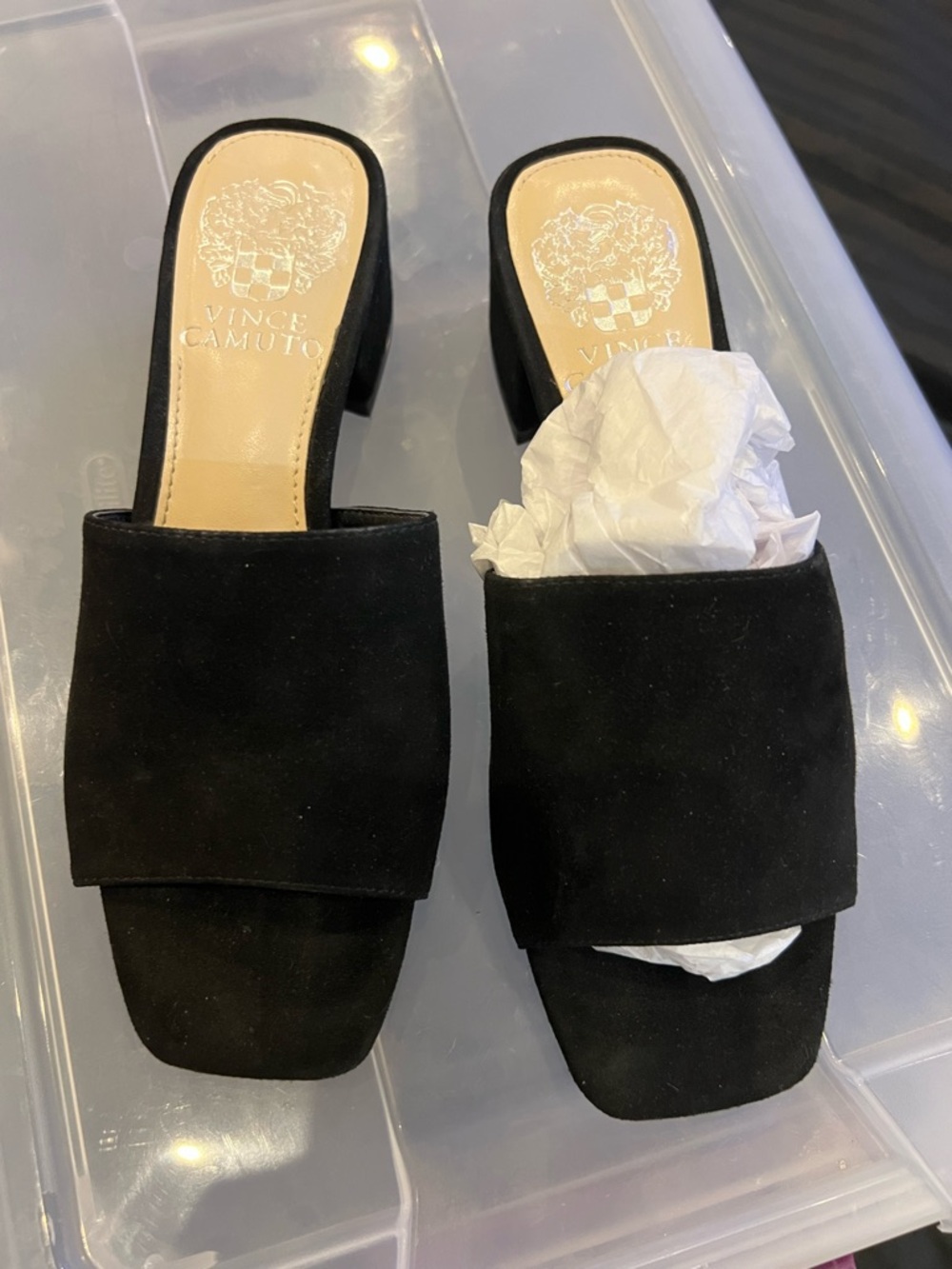 Black Suede Open-Toe Block Heel Mules - Women. - Picture 3 of 4